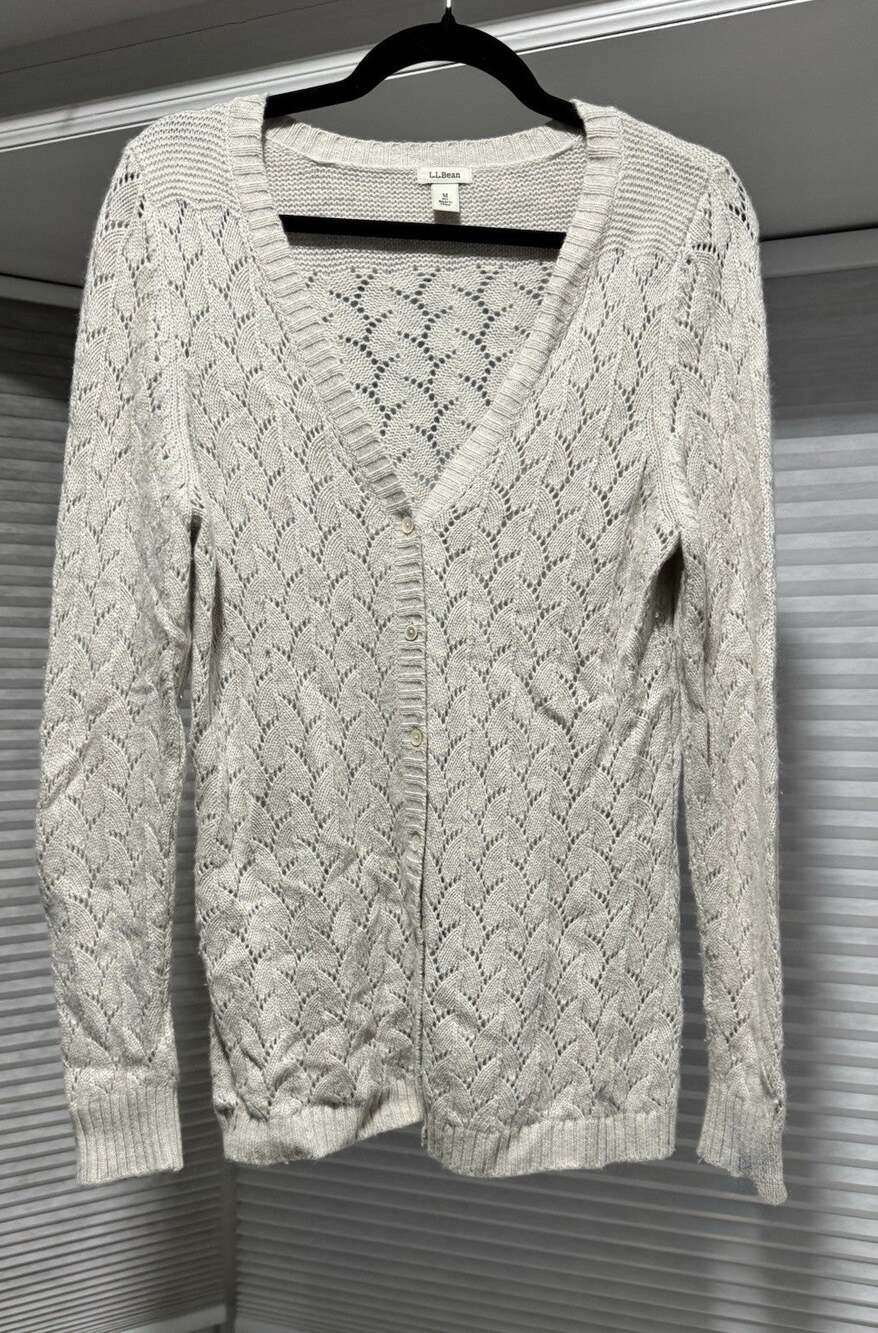 LL Bean Cardigan Sweater Size Medium Beige Lamb's Wool Angora Cashmere Lace Knit
